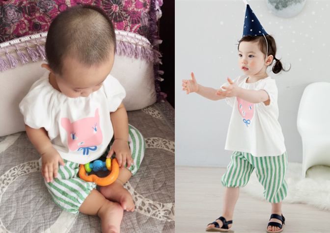 YCCAT韩国代购2015夏装新款童装男女宝宝短袖上衣条纹七分裤套装