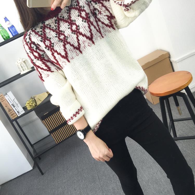 实拍-韩版2015秋装新款女装圆领菱形图案拼色长袖毛衣套头女
