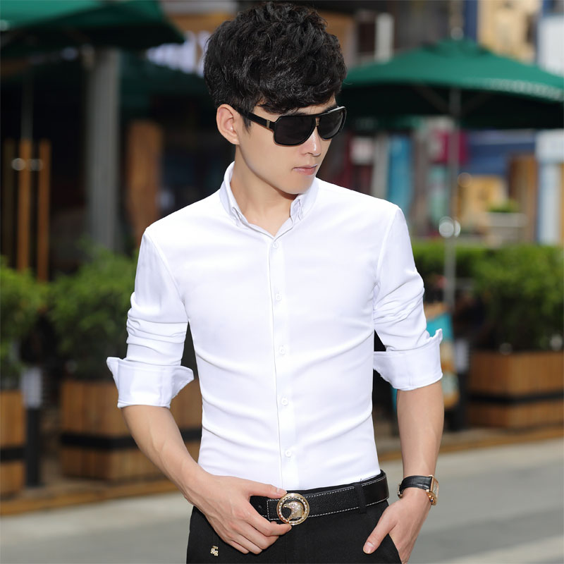 男士长袖衬衫男秋季韩版修身型男潮流商务纯色青年免烫白衬衣男装