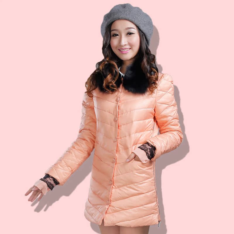 2014新款韩版女装秋冬薄款修身单排扣长袖中长款毛领羽绒服女外套