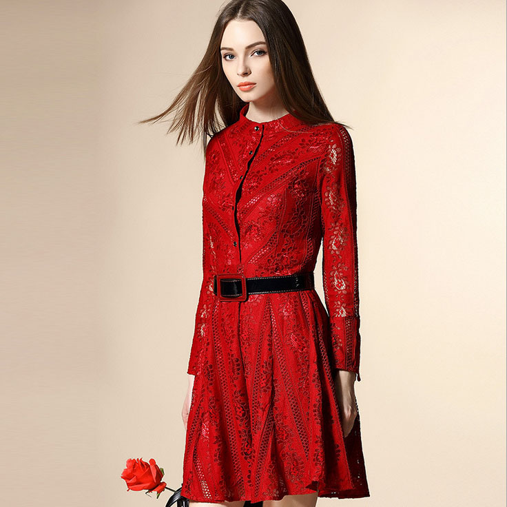 2016春夏新款高端欧洲站长袖蕾丝连衣裙女中长款 A字裙大红色修身