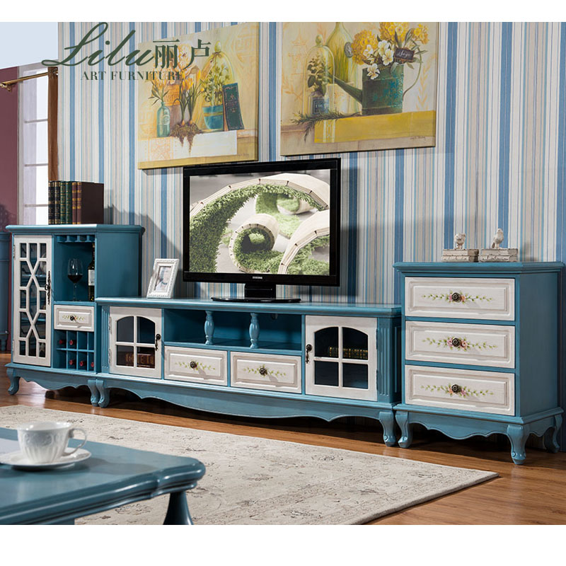 丽卢美式地中海电视柜茶几组合实木简约彩绘做旧客厅家具电视机柜