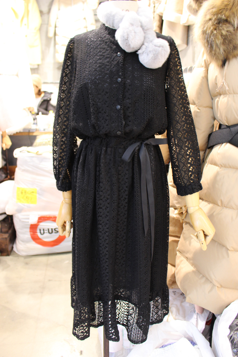 韩国东大门代购女装2015年收腰系带纽扣黑色长款蕾丝连衣裙