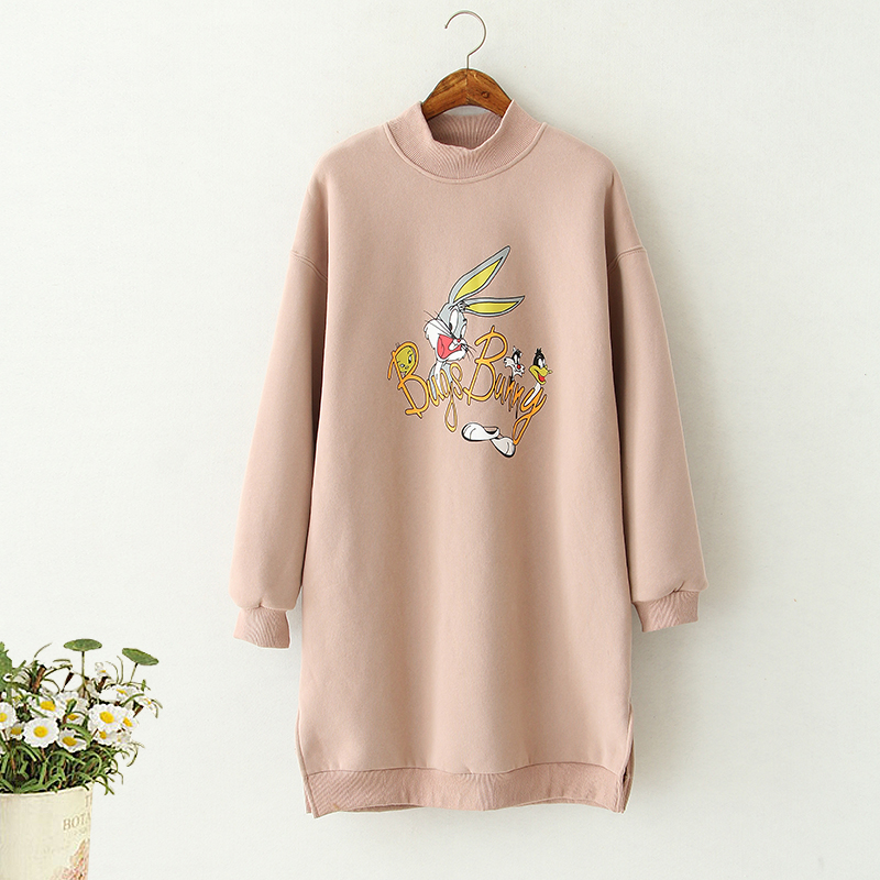 冬装韩版卫衣裙高品质粉色 MAYMKON 两侧开叉兔子半高领加绒卫衣