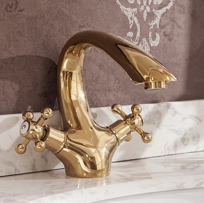 欧式仿古龙头金色龙头全铜浴室美式冷热双把台盆面盆镀金龙头包邮