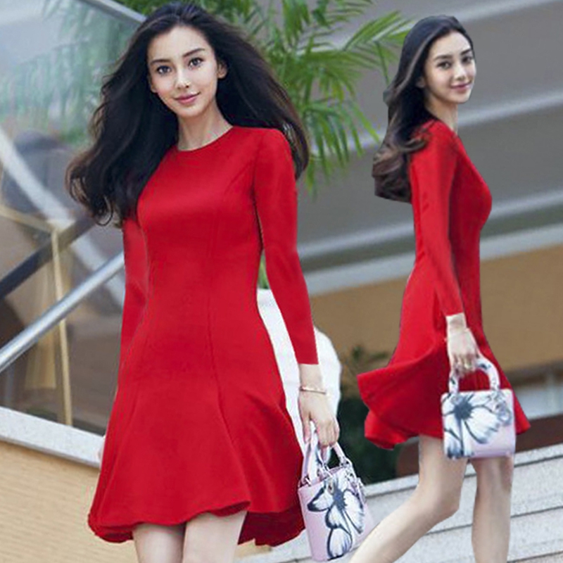 明星同款秋装韩版加厚女连衣裙冬季2015新款大红色长袖打底鱼尾裙