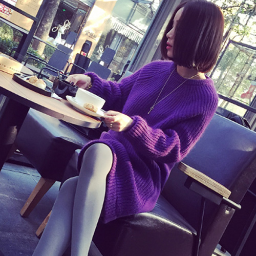 6302韩国秋冬新款圆领套头宽松显瘦中长款紫色针织毛衣连衣裙女潮