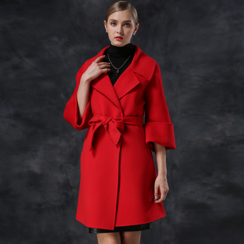 2015新款女装欧洲站羊绒大衣羊绒外套插肩中袖款手工双面羊毛大衣