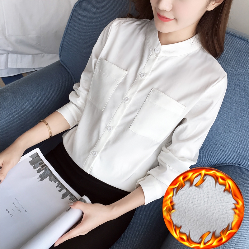 2016冬季新款韩版学院风立领衬衫女长袖打底衫白色棉质纯色衬衣潮