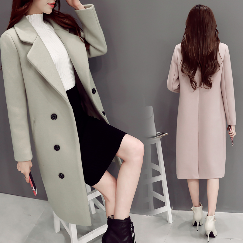2016年韩版修身冬季长袖时尚百搭中长款纯色优雅单排扣毛呢外套潮