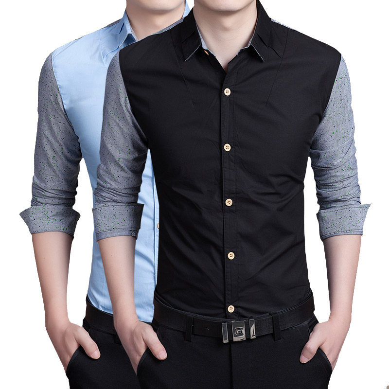 2015秋季男士衬衫 纯色拼接长袖韩版修身显瘦商务休闲男士衬衣潮