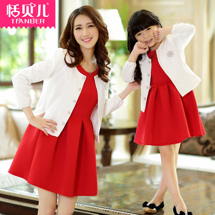 亲子装2015新款秋装母女韩版外套显瘦连衣裙女孩宝宝红色裙子春装