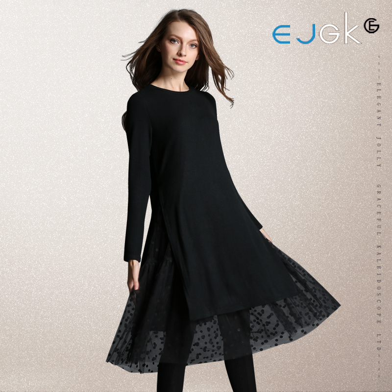 EJGK原创2015冬装欧美时尚百搭假两件拼接黑色纯棉修身打底连衣裙