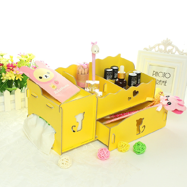 韩国创意猫咪纸巾盒木质桌面化妆品收纳盒带抽屉置物架储物盒包邮
