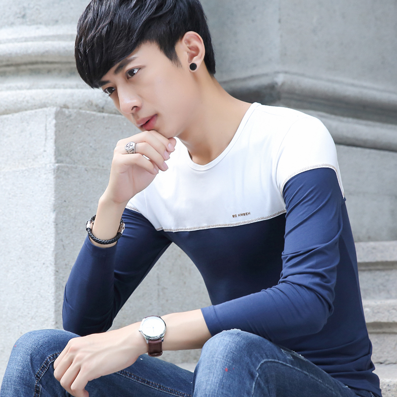 2016秋季韩版修身打底衫男士圆领拼色时尚长袖t恤潮323-A15-P35