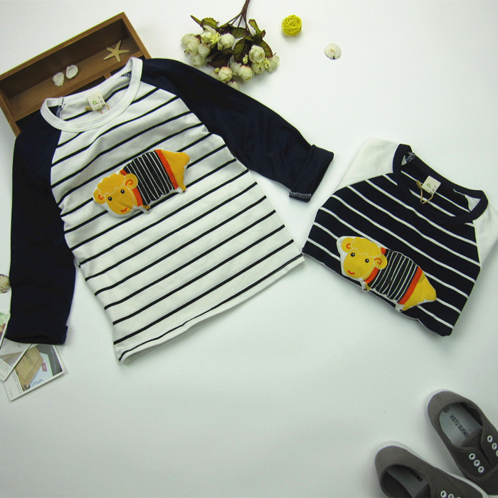 2015童装长袖T恤男童卡通立体打底衫韩版儿童宝宝条纹拼接上衣潮