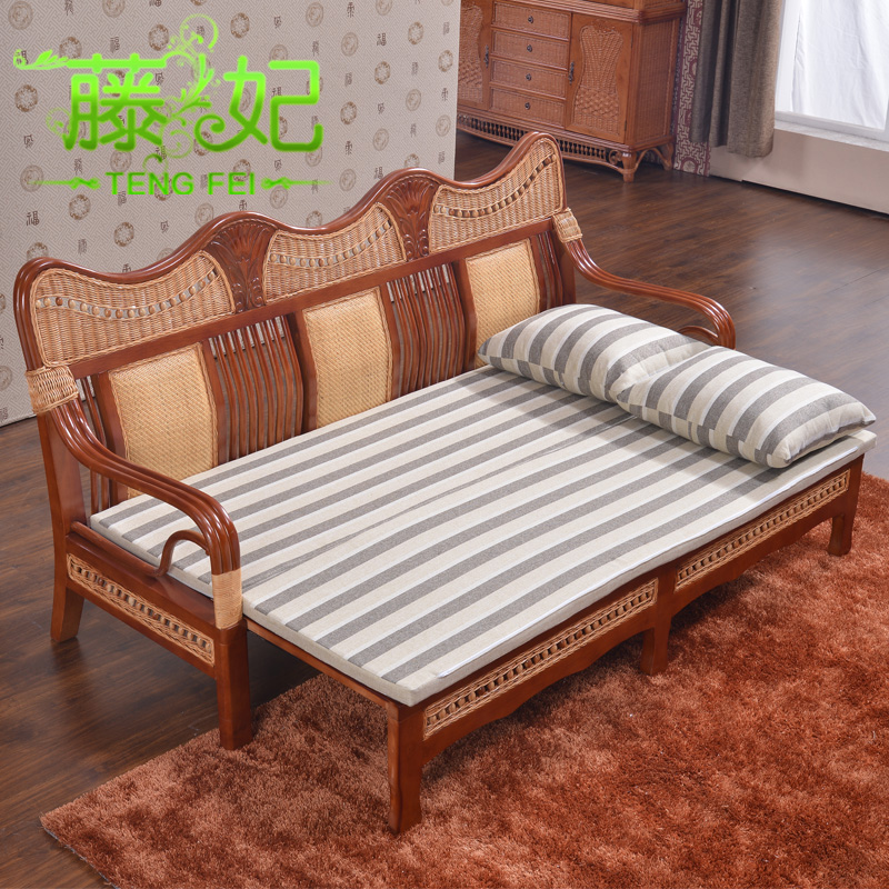 藤妃 多功能实木沙发床藤推拉床两用组合可折叠伸缩1.2米抽拉双人