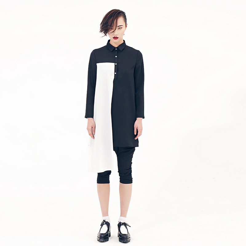 【E】家原创设计高端定制黑白撞色拼接衬衫长袖雪纺衫