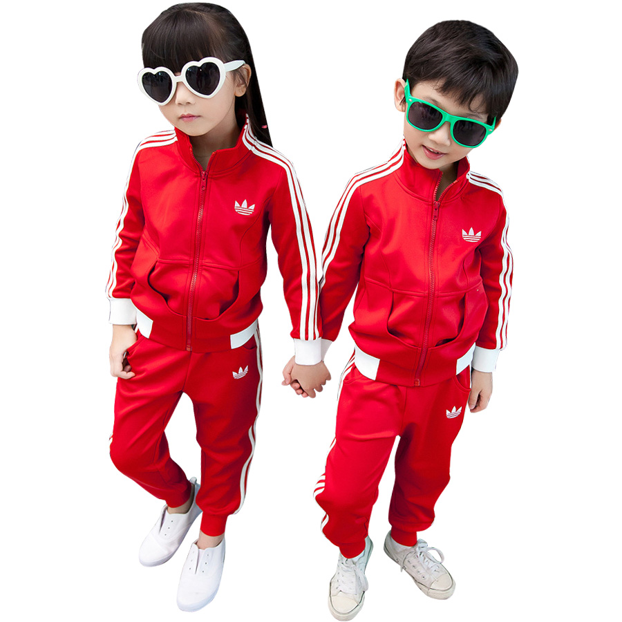 2015新款童装春秋套装男童女童红色三叶草运动装长袖外套长裤套装