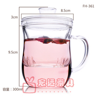 加厚耐热玻璃杯花茶杯透明带盖过滤三件杯耐高温玻璃办公杯泡茶杯