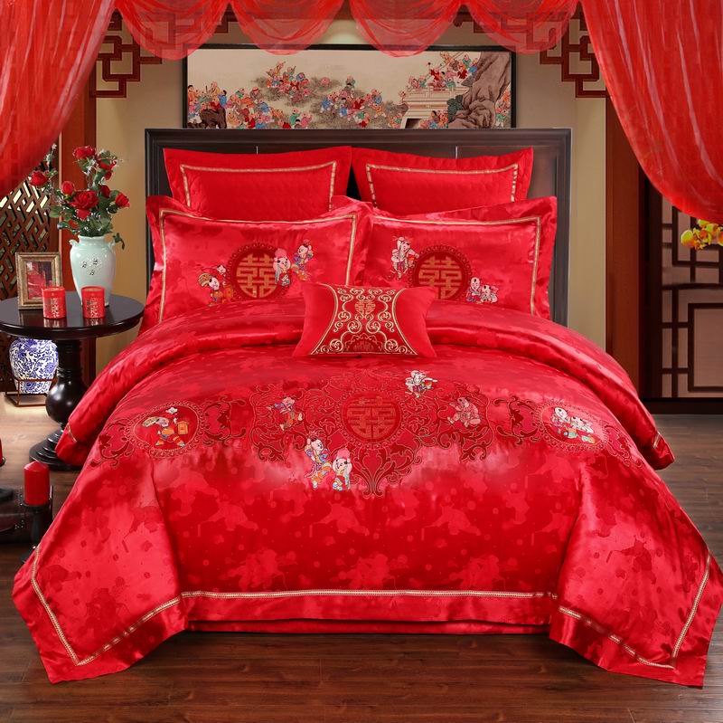 纯棉四件套结婚庆床上用品全棉贡缎绣花六件套2.0/2.2米加大红色