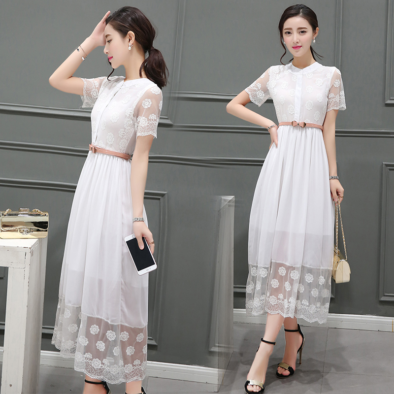 韩国雪纺裙子夏镂空性感白色蕾丝连衣裙中长款修身气质短袖仙女