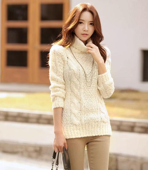 2015秋季韩版修身中长款小立领麻花纹高领打底毛衣女