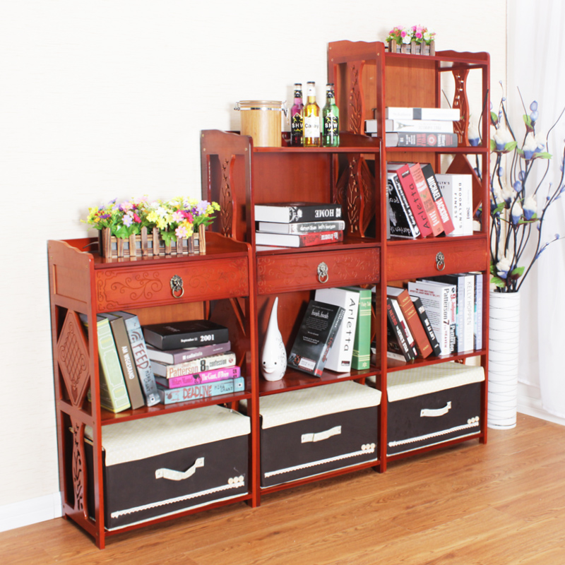 书柜书架实木自由组合学生书架简易书柜储物柜抽屉置物架复古红色