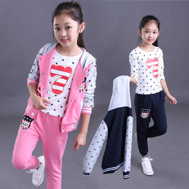 韩版童装2016新款秋冬中大童女装长袖小孩衣服儿童运动女童三件套