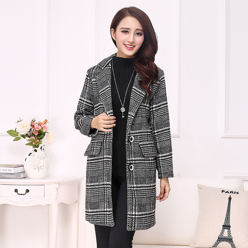 2015年秋冬新品韩版西装领双排扣格子毛呢外套呢子大衣中长款女潮