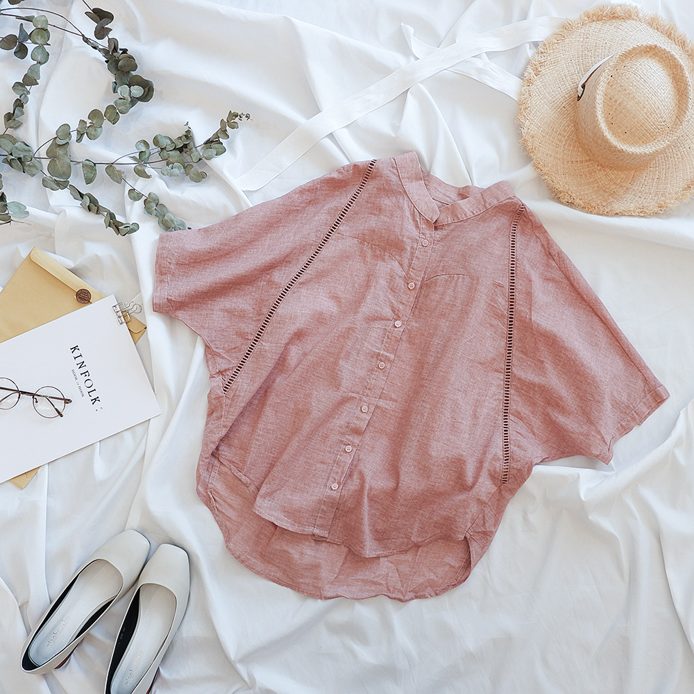 2017夏季新款女装日系纯色水洗棉麻女士宽松短袖衬衫高品质蝙蝠袖