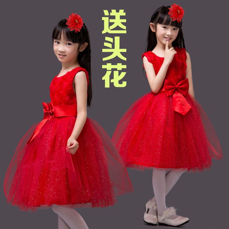 红色花童礼服儿童婚纱公主裙女童演出服表演服主持人蓬蓬纱裙