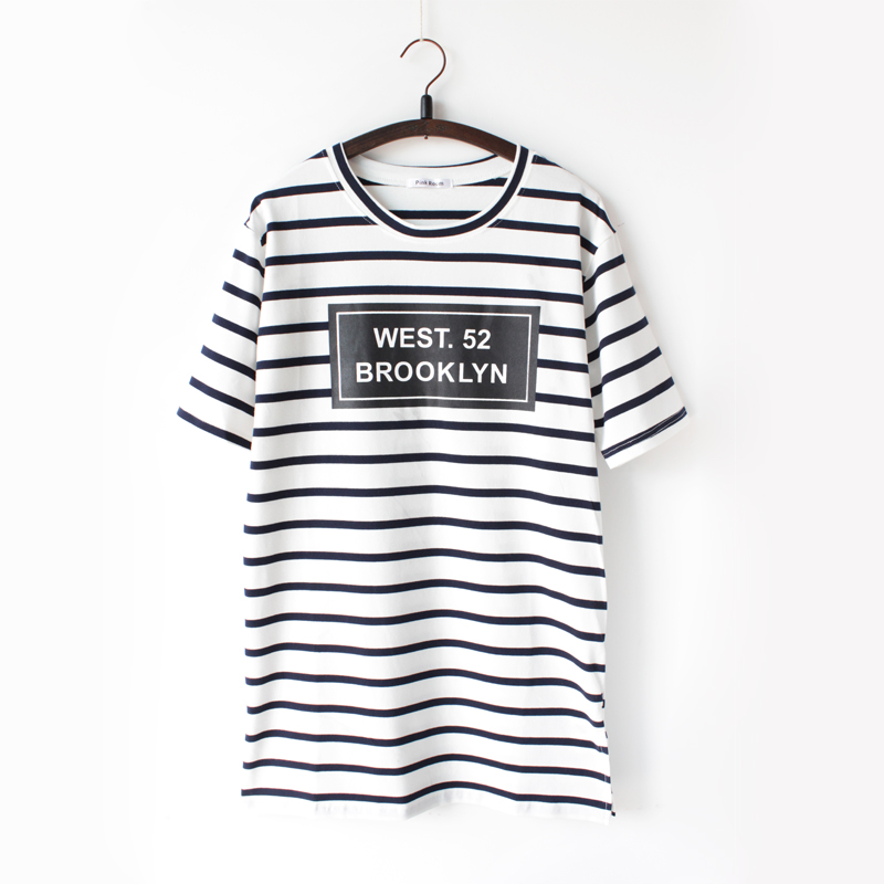 2015夏装新款韩版圆领宽松休闲学生体恤条纹字母印花纯棉短袖T恤