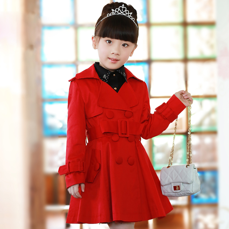 韩版2015春秋款女童风衣新款亲子装大童装中长款红色风衣儿童外套