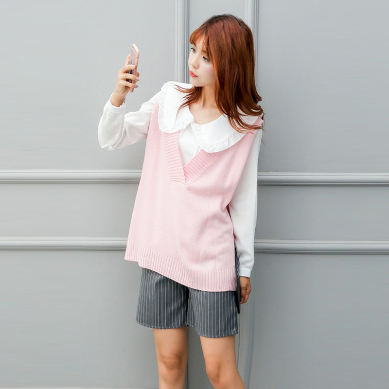 2016韩版秋季新款大码两件套毛衣马甲女装娃娃领甜美针织短款套装