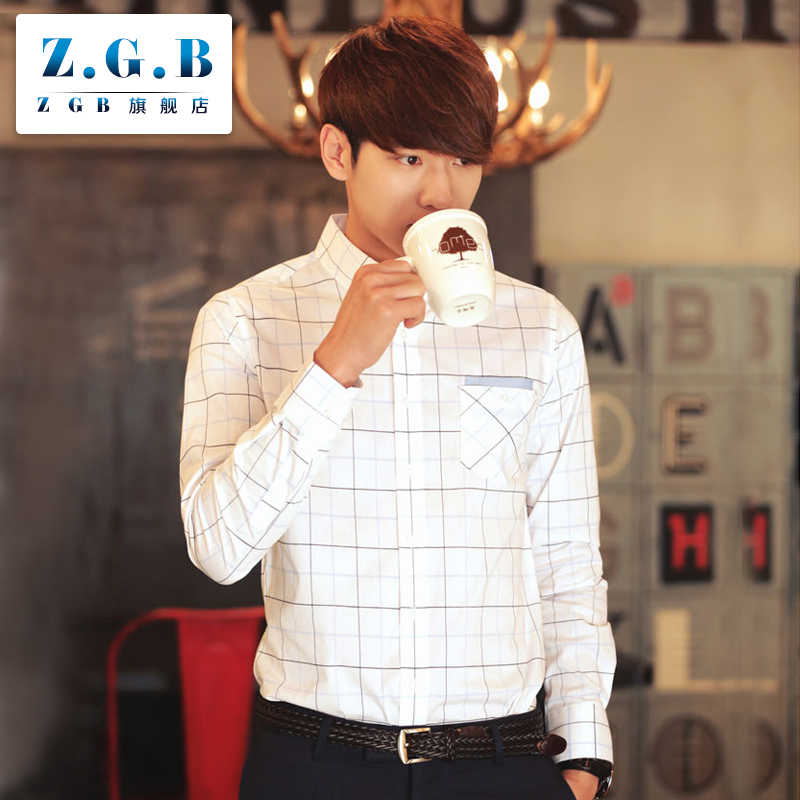 ZGB秋季新款韩版修身男士长袖衬衫时尚英伦白格子印花衬衣 潮男装