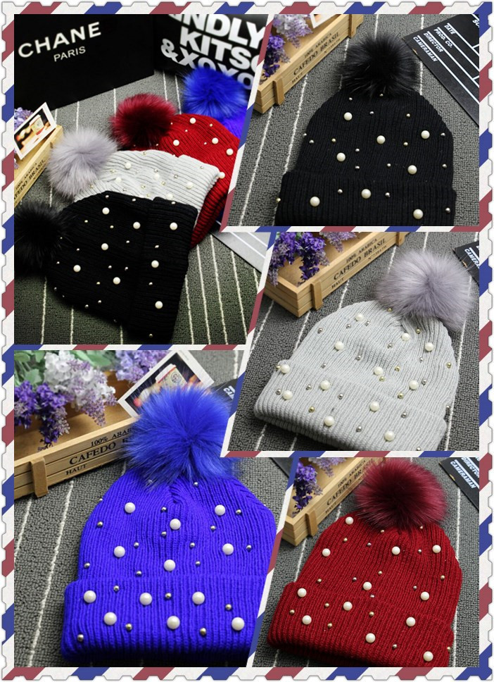 2015帽子女冬季铆钉珍珠毛球毛线帽针织帽冬天休闲保暖女士帽子