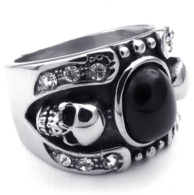 072456-不锈钢骷髅头镶玛瑙戒指 钛钢男士个性饰品指环