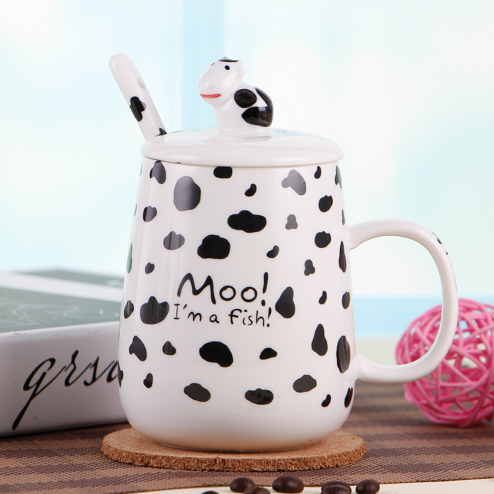 可爱个性牛奶杯陶瓷杯子带盖勺大肚马克杯骨瓷咖啡杯创意情侣水杯