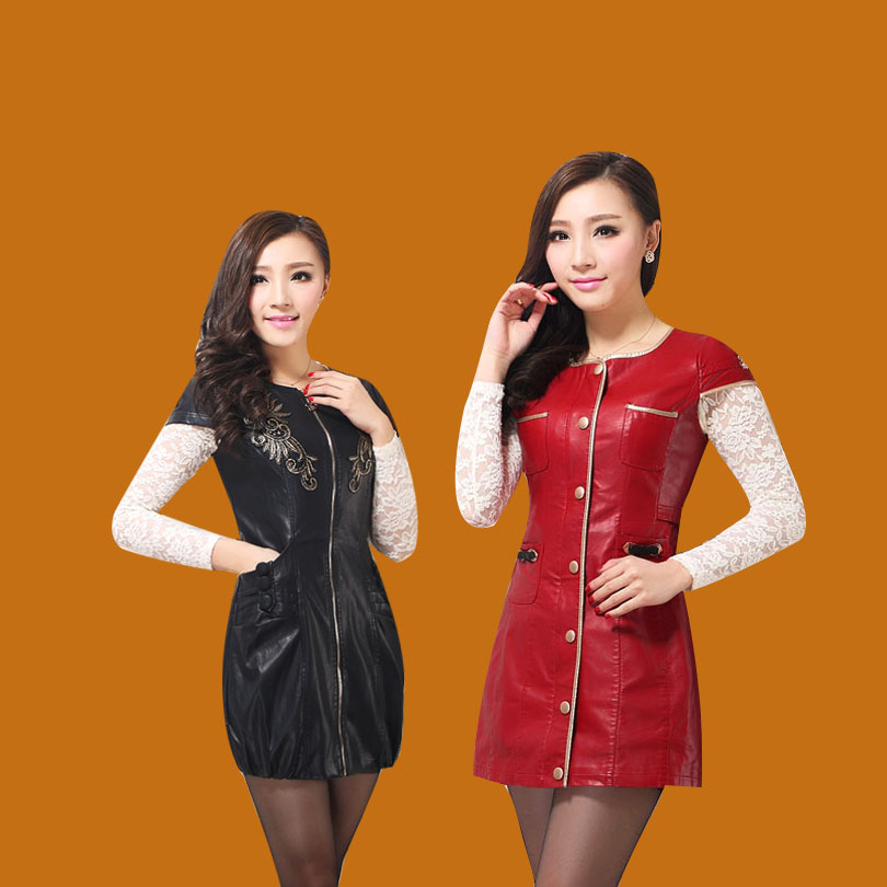 14韩版新款皮裙马甲裙大码女装砍袖皮衣风衣长款外套