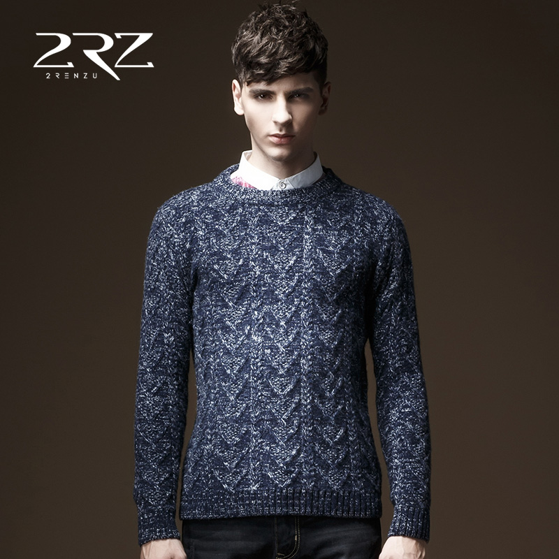 2RZ秋冬季新款韩版时尚休闲修身型扭花纯色长袖套头男版毛衣圆领