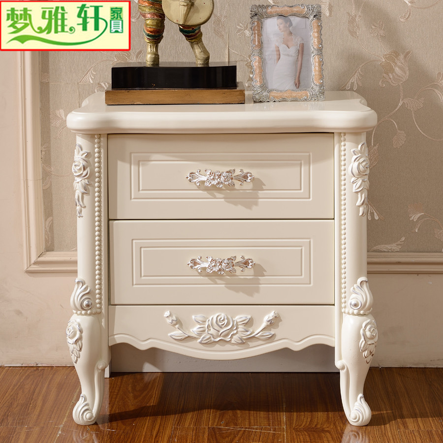 欧式床头柜 床头柜 雕花 组装 卧室烤漆实木白色 韩式床头柜简易