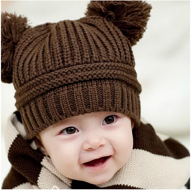 韩版秋冬季男女宝宝婴儿童双球帽毛线帽婴儿针织护耳帽小孩帽子