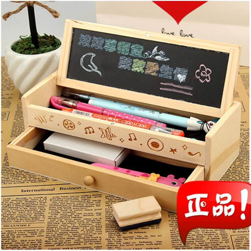新款学生纯木质文具盒双层带黑板创意铅笔盒韩国收纳盒多功能笔盒