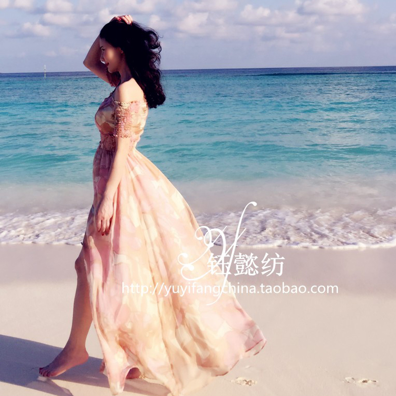 2015夏装新刘钰懿同款一字领性感露肩粉色印花雪纺连衣裙沙滩长裙