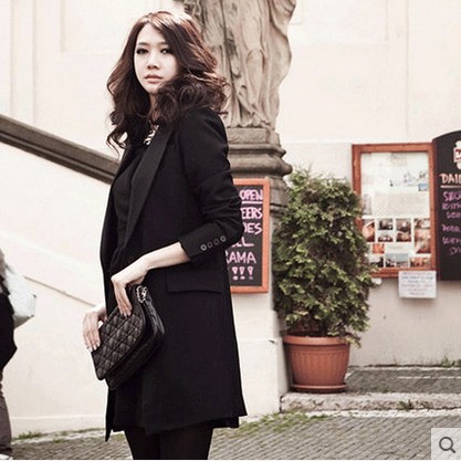 韩国代购2015秋中长款纯色黑色小西装修身显瘦OL气质西服外套女潮