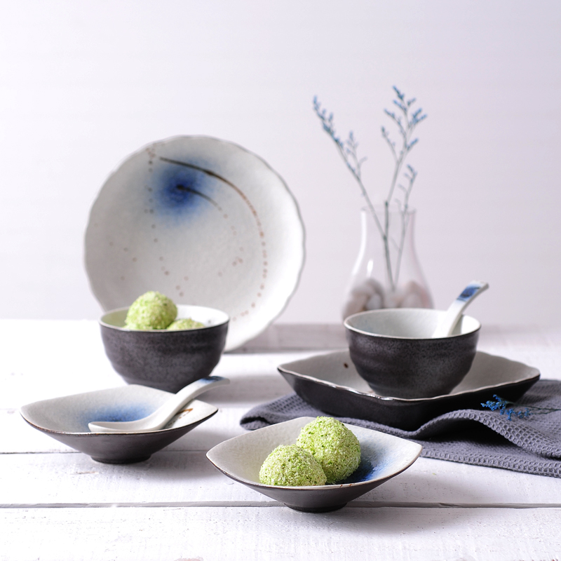 简约复古创意手绘家用碗筷碗碟套装陶瓷餐日式餐具套装2人适用装