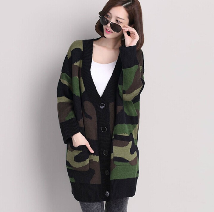 2015春季新款韩国中长款宽松大码军绿色迷彩加厚毛衣开衫外套女