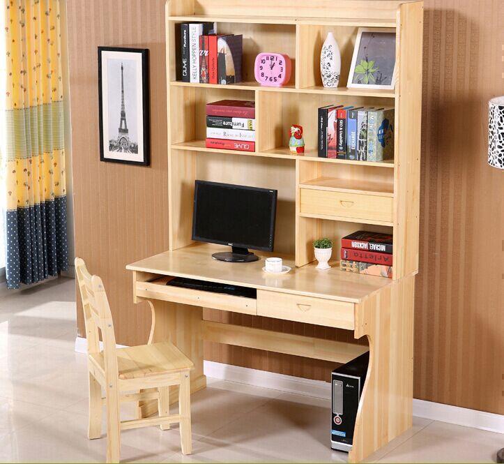 转角实木电脑桌带书架家用书桌组合松木台式电脑桌简约写字台特价