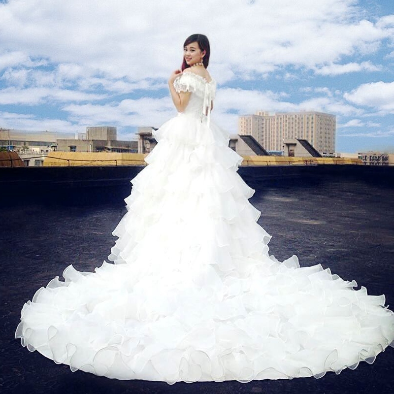 2015冬季新款 一字肩长拖尾 韩式公主 新娘结婚修身显瘦 婚纱礼服